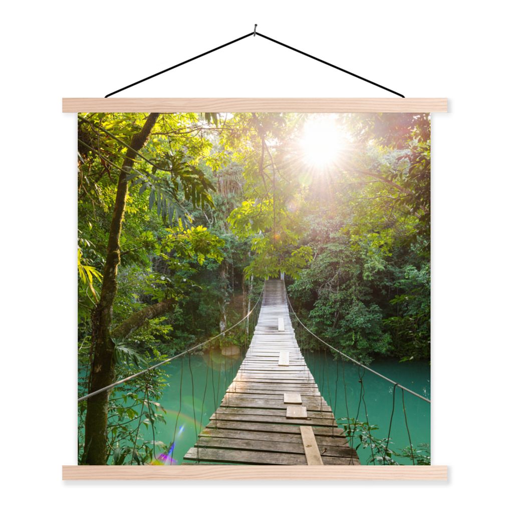 MuchoWow Textilposter Dschungel - Wasser - Brücke - Natur - Pflanzen 120x120 cm mit holzfarbenen Rahmen - Textil-Poster