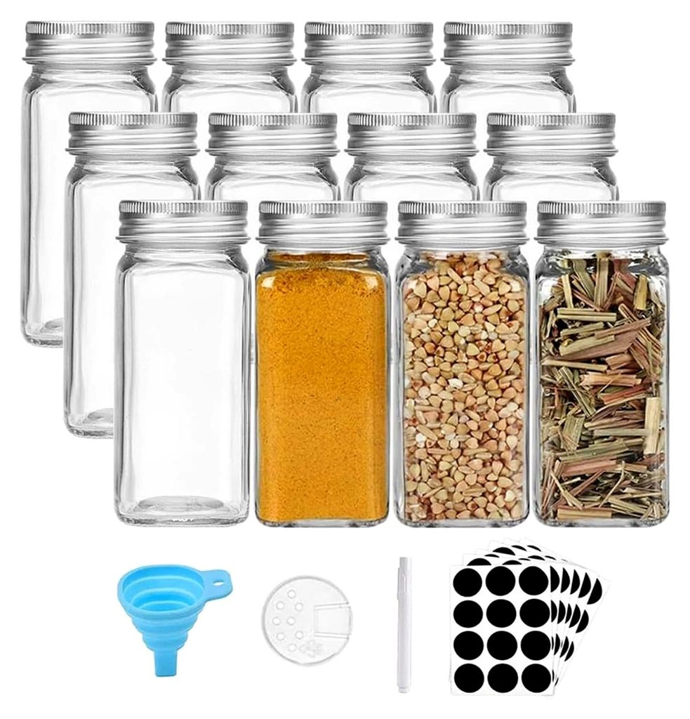 Set von eckigen Gewürzgläsern mit Deckel [12x 120ml], Produktbild 