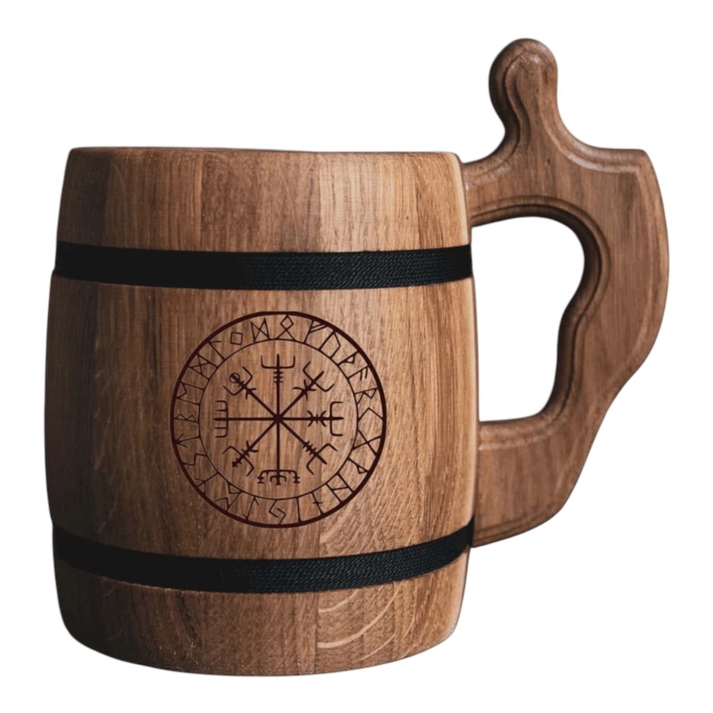 Vegvisir Wikinger-Kompass – Eichenholz-Bierkrug für Nordische Fans | Geschenk für ihn | Geschenk für Wikinger | 0,6L