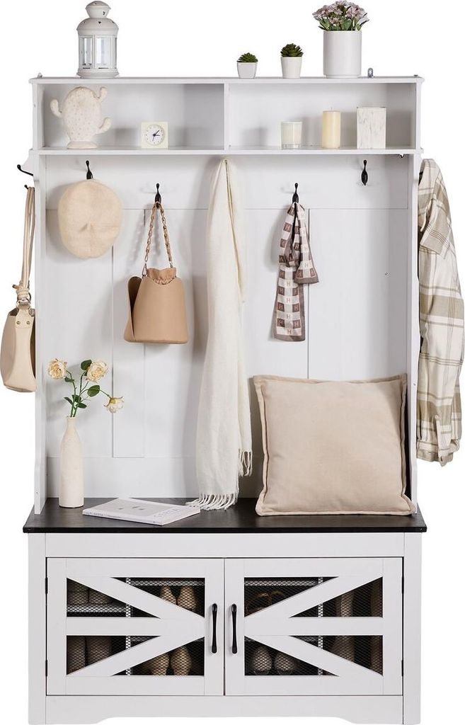 Garderobe aus Holz mit Bank und 7 Haken für Eingangsbereich und Flur