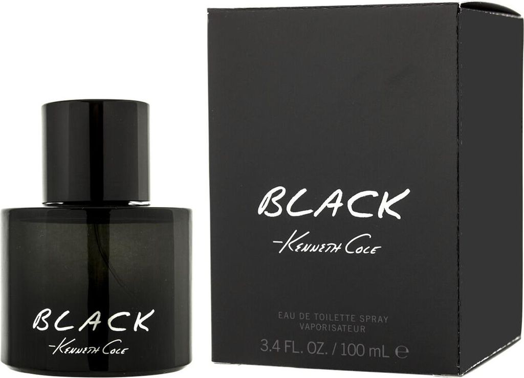 A black bottle of Kenneth Cole Black eau de toilette and its matching black box are displayed.
