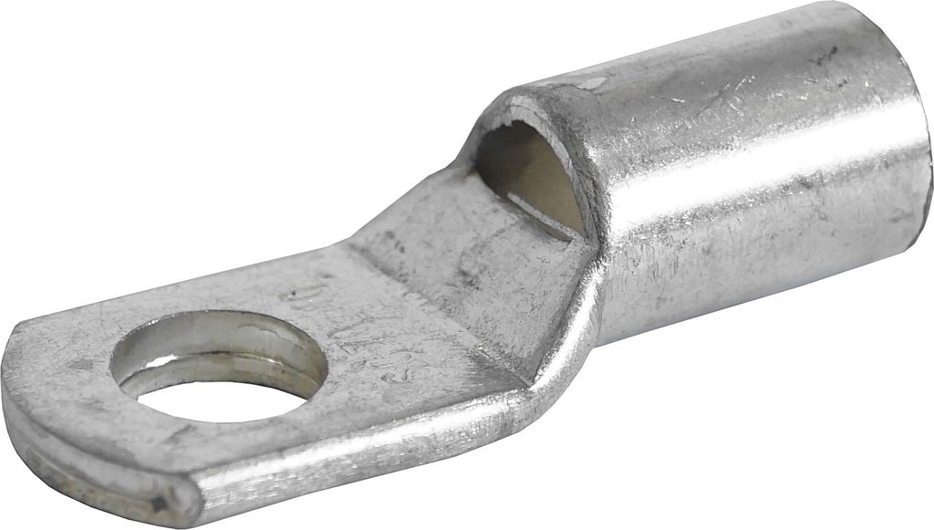 A single metal electrical connector on a white background.