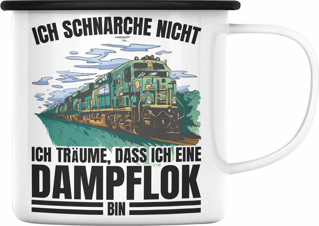 Trendation - Ich Schnarche Nicht Emaille Tasse Lokomotive Dampflok Spruch Geschenk für lokführer Eisenbahn Geschenkidee für Männer (Schwarz)