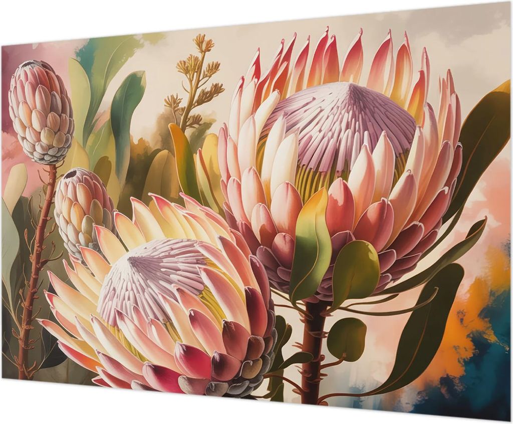 Wandtapete - Dekorative Tapete für Wohnzimmer - Tapetenfolie für Wanddekoration - 312x219 cm - Protea-Blüten