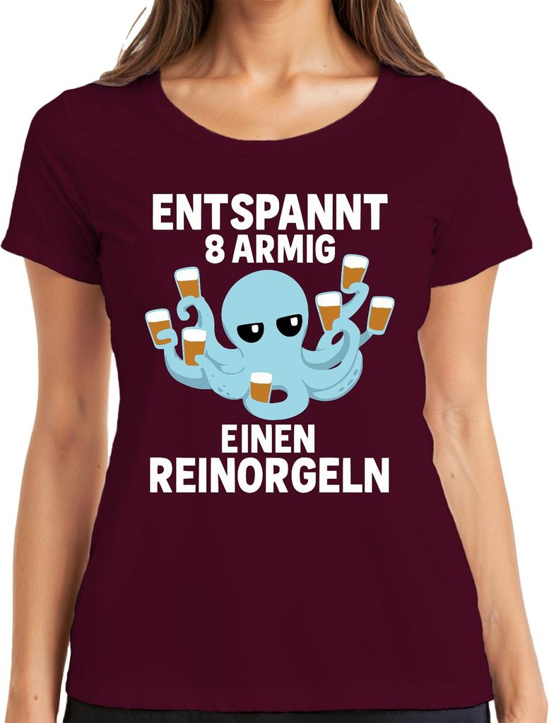 Entspannt 8 armig einen reinorgeln Oktopus Bier Geschenk Lustig Damen T-Shirt, Burgundy, S
