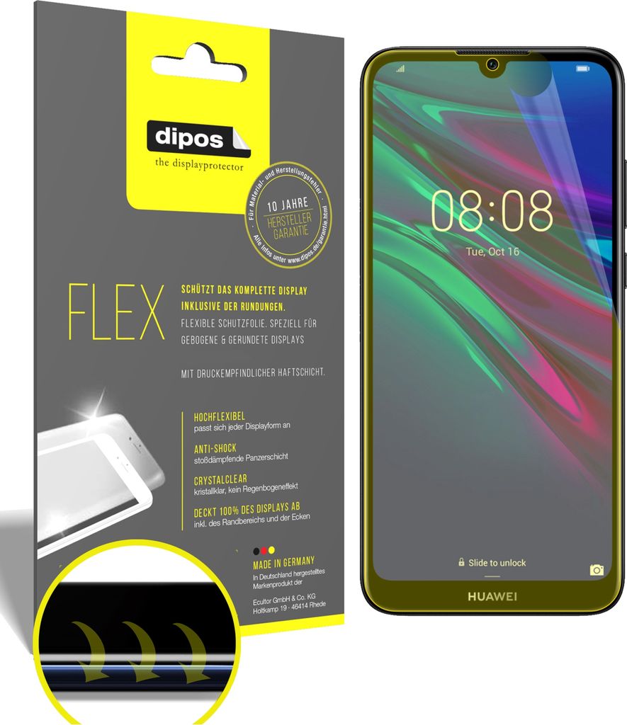 2x Schutzfolie für Huawei Y6 Prime (2019) Folie, 100% Displayabdeckung, dipos Flex