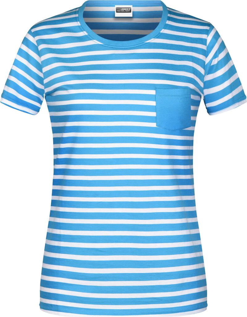 James & Nicholson Damen T-Shirt mit Streifen und Brusttasche - Maritim gestreiftes Kurzarm-Shirt aus Baumwolle in Atlantic-White Größe XXL