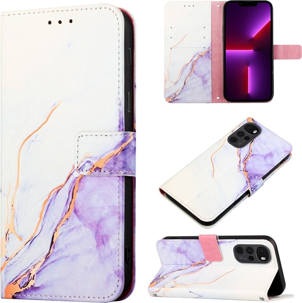 Moto G22 Hülle, Marmor Motiv Kunstleder Tasche Wallet Kartenfächer mit Standfunktion Klapp Schutzhülle für Motorola Moto G22 Weiß Lila