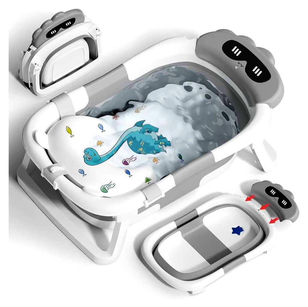 Faltbare Babybadewanne für 0-18 Monate mit Stützkissen im Dinosaurier-Design (Grau)