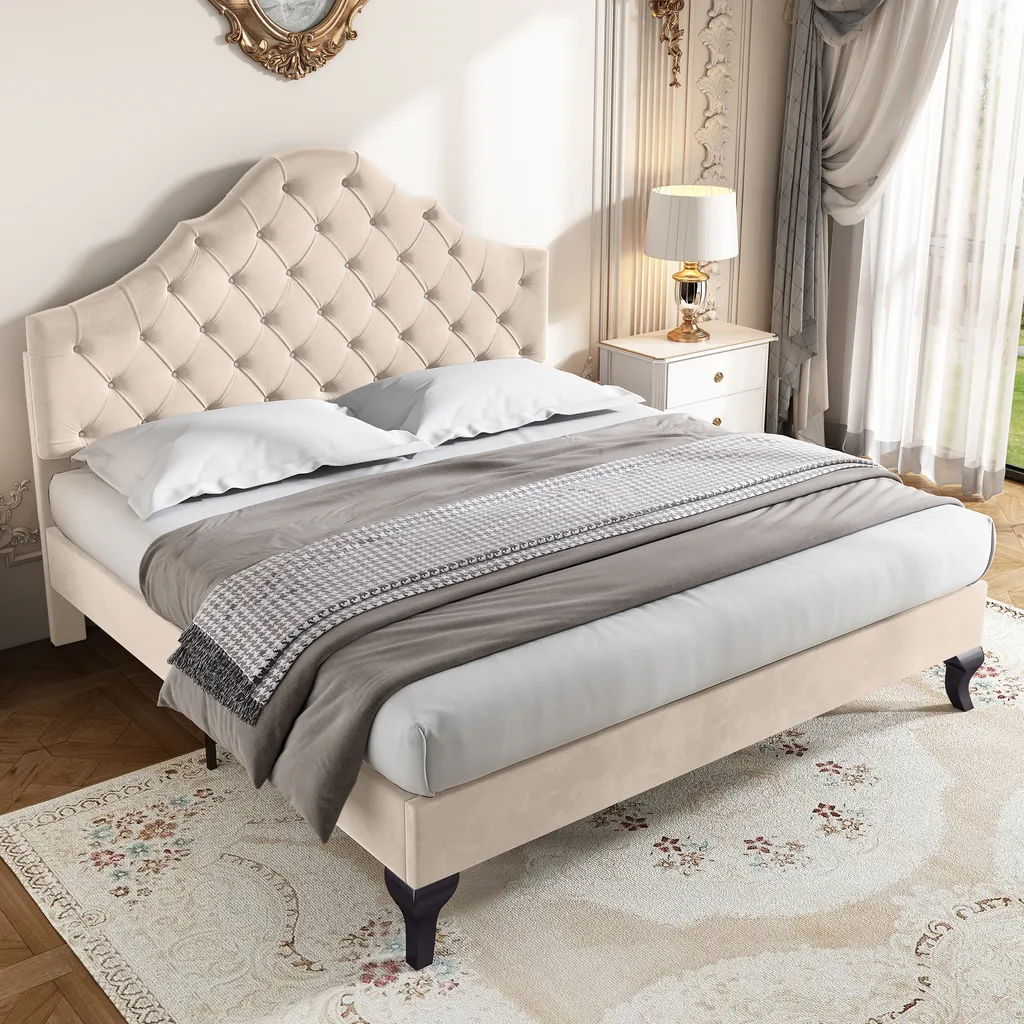 Merax Lit Rembourré 140x190cm avec Tête de Lit Coquillage en Velours Beige