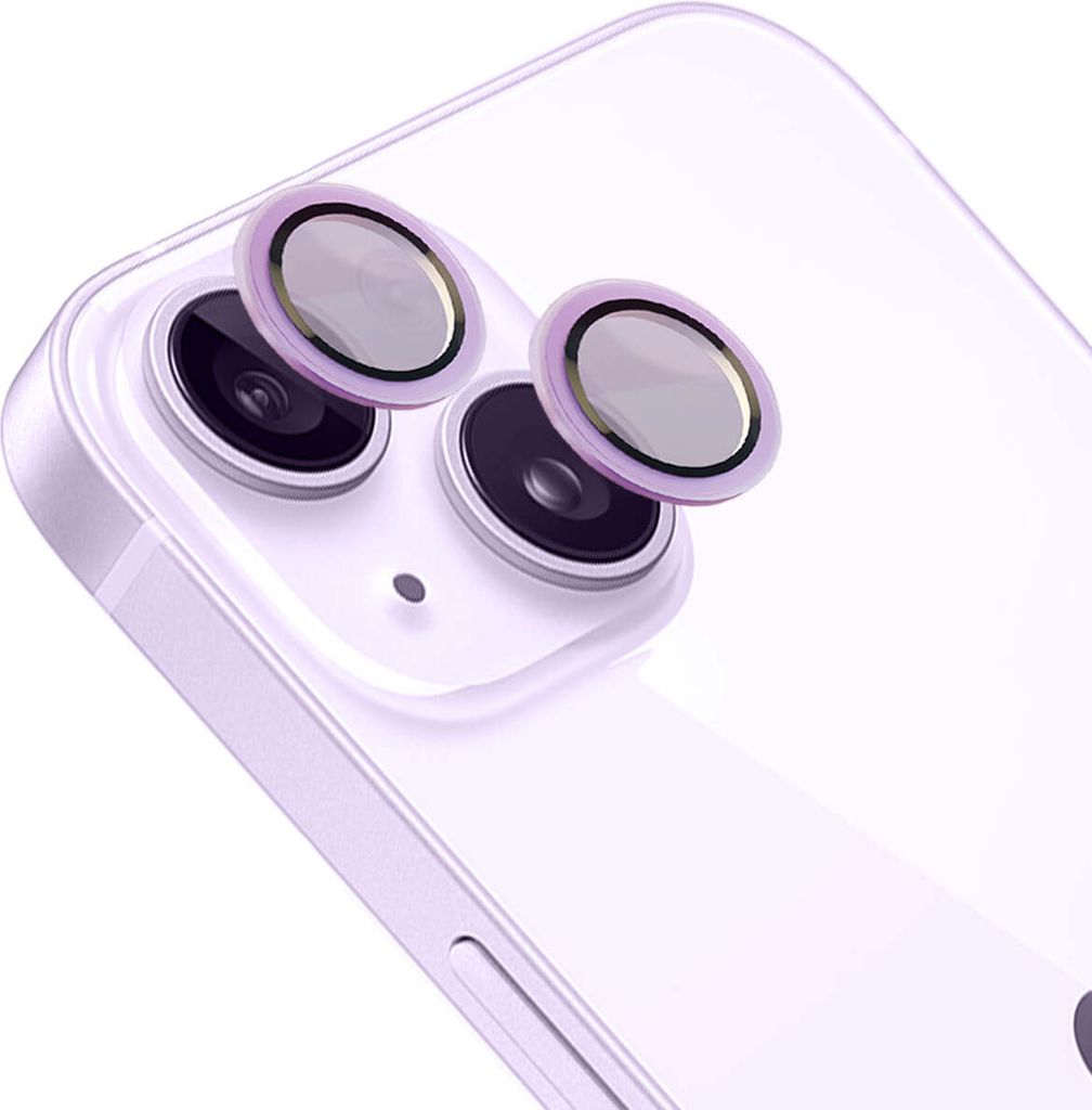 Glas für die Kamera mit Applikator für iPhone 14/14 Plus, Bizon Glass Snap Lens, 1 Set, Violetter Rahmen