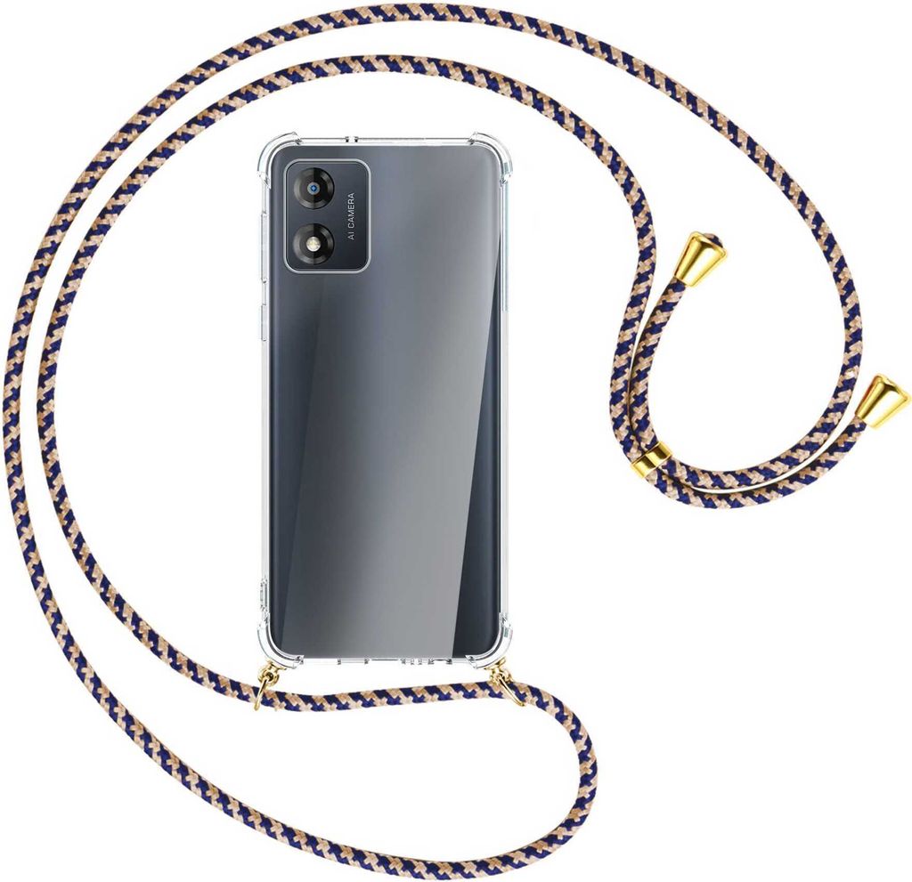 Handykette Backcover-Schutzhülle mit Band (Metall goldfarben) für Motorola Moto E13 (6.5'') - blau+beige
