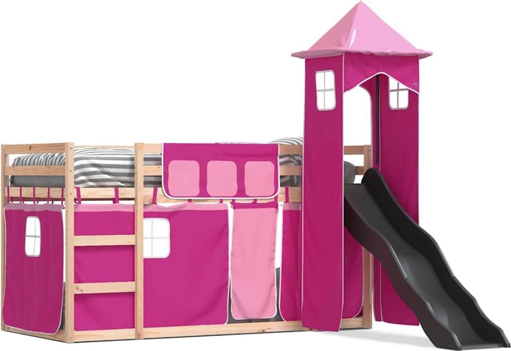 vidaXL Etagenbett mit Rutsche und Gardinen Rosa 90x190 cm