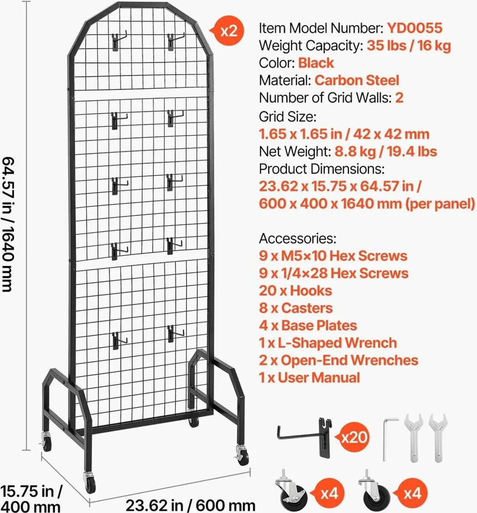 Grille d'Exposition sur Pieds avec Roulettes 164cm, Structure Acier Noire