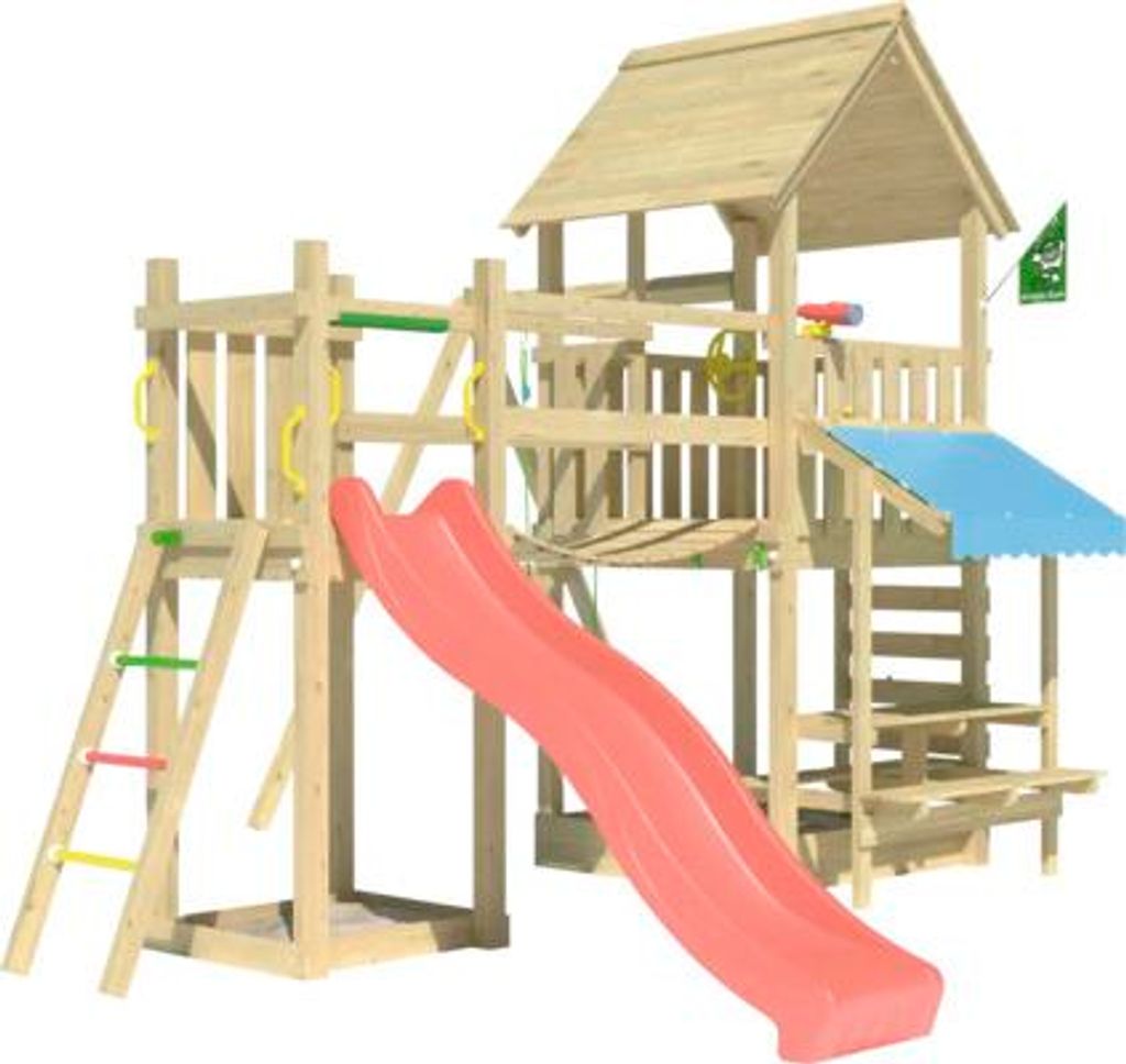 Einzelschaukel Spielhaus mit Stelzen Jungle Gym 434 x 479 cm Holz rot