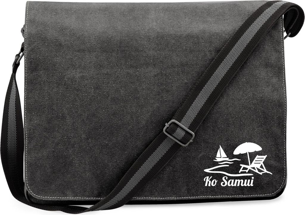 Huuraa Umhängetasche Ko Samui Inselmotiv Thailand 14 Liter Black Canvas Laptoptasche Geschenkidee