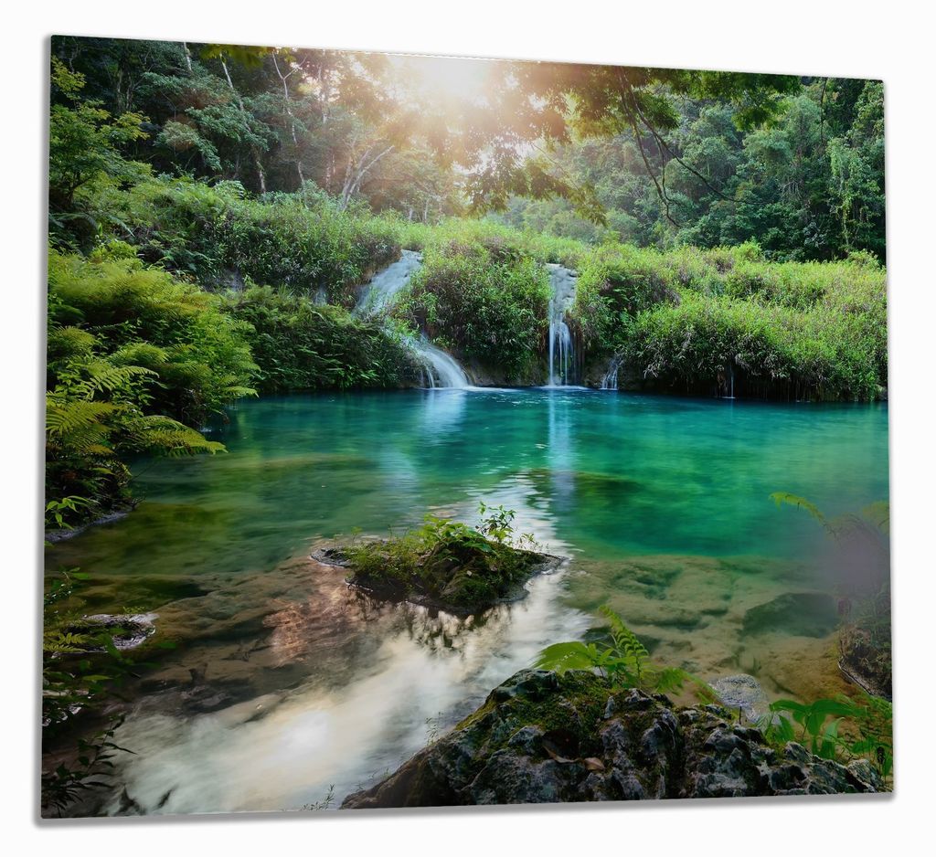 Wallario Herdabdeckplatte aus Glas, Größe 60 x 52 cm 1-teilig, Motiv Türkisgrüner See im Nationalpark in Guatemala