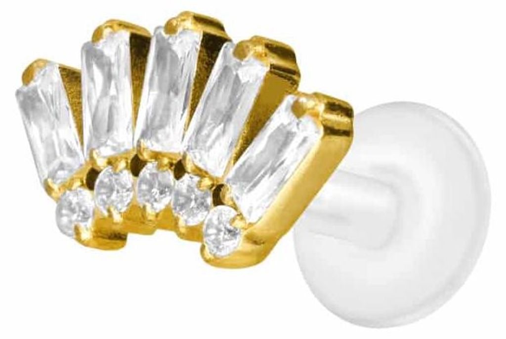 Ohrpiercing, Nasenpiercing PTFE Labret mit Innengewinde + Titan-Aufsatz 10 EINGEFASSTE KRISTALLE Gold Stablänge: 5mm | Stabstärke: 1,2mm