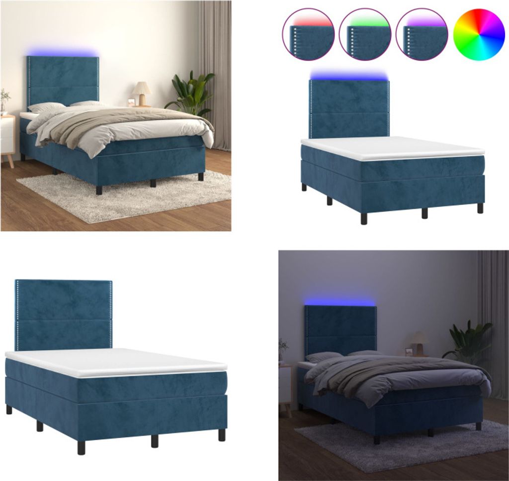 vidaXL Boxspringbett mit Matratze & LED Dunkelblau 120x200 cm Samt - Boxspringbett - Boxspringbetten - Bett - Betten