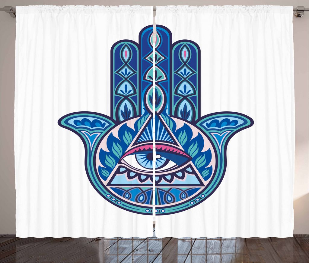 ABAKUHAUS Evil Eye Rustikaler Vorhang, Vibrierendes Hamsa-Dreieck, Wohnzimmer Universalband Gardinen mit Schlaufen und Haken, 280 x 225 cm, Türkis...