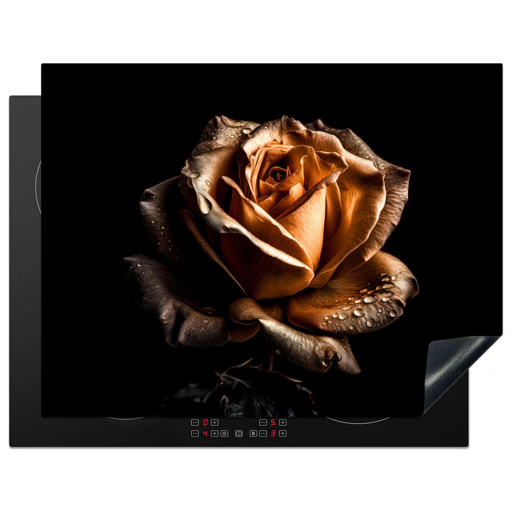 KitchenYeah Herdabdeckplatte Rose - Gold - Blumen - Botanisch Schwarz , 77x59cm, Küche Deko, Glaskeramikkochfeld Herdabdeckung, Abdeckplatte fù...