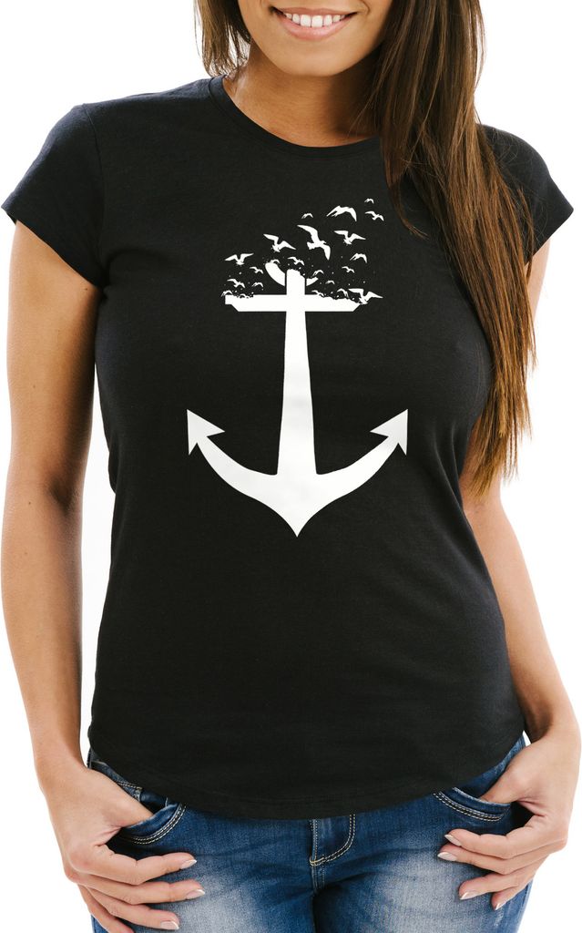 Damen T-Shirt Anker Birds Vögel II Slim Fit Moonworks schwarz 3XL