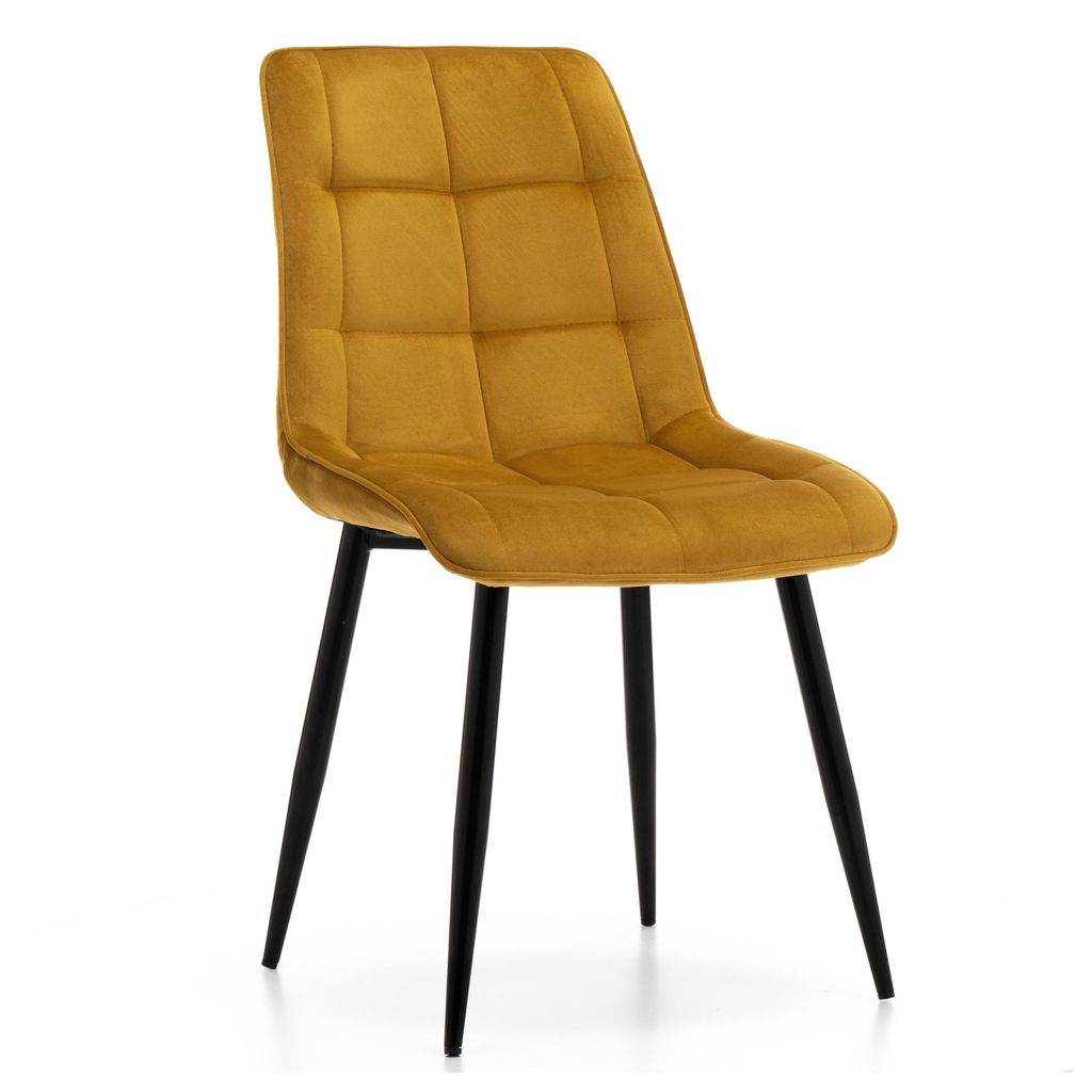 A single mustard yellow upholstered dining chair with black metal legs, shown from a front-side angle against a white background.