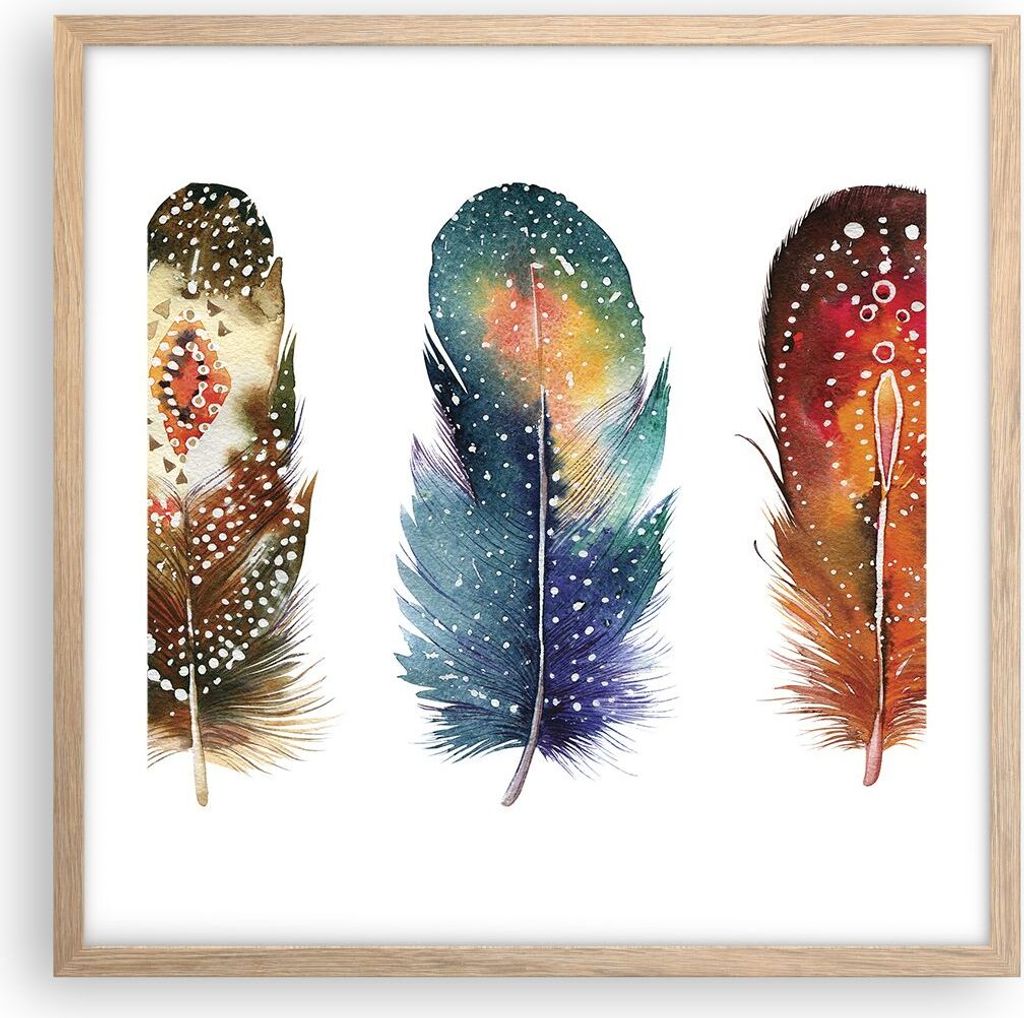 Gerahmtes Poster - Rahmen in heller Eiche - Feder Vogel Farbe - 50x50 cm - Wand Bild - Wanddeko - Wandbilder - Kunstposter - Wandposter - Bilderrah...