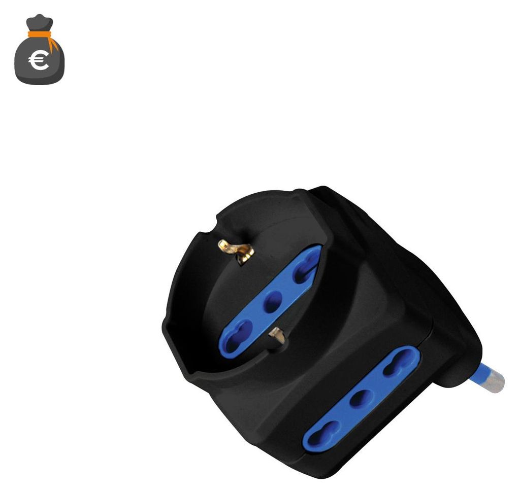 Alcapower Platzsparender Adapter 16A, 3-fach Steckdose Bipasso & Universal, Schwarz, Kompakte Bauweise für Italien Standard 3-Pol Stecker