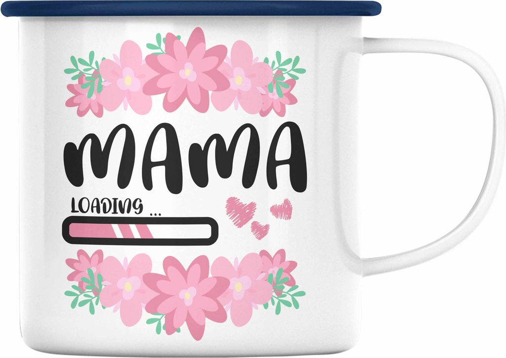 Trendation - Mama Loading Emaille Tasse Rosa Geschenk Schwangerschaft Baby Emaille Emaille Tasse Schwangerschaftsankündigung (Blau)