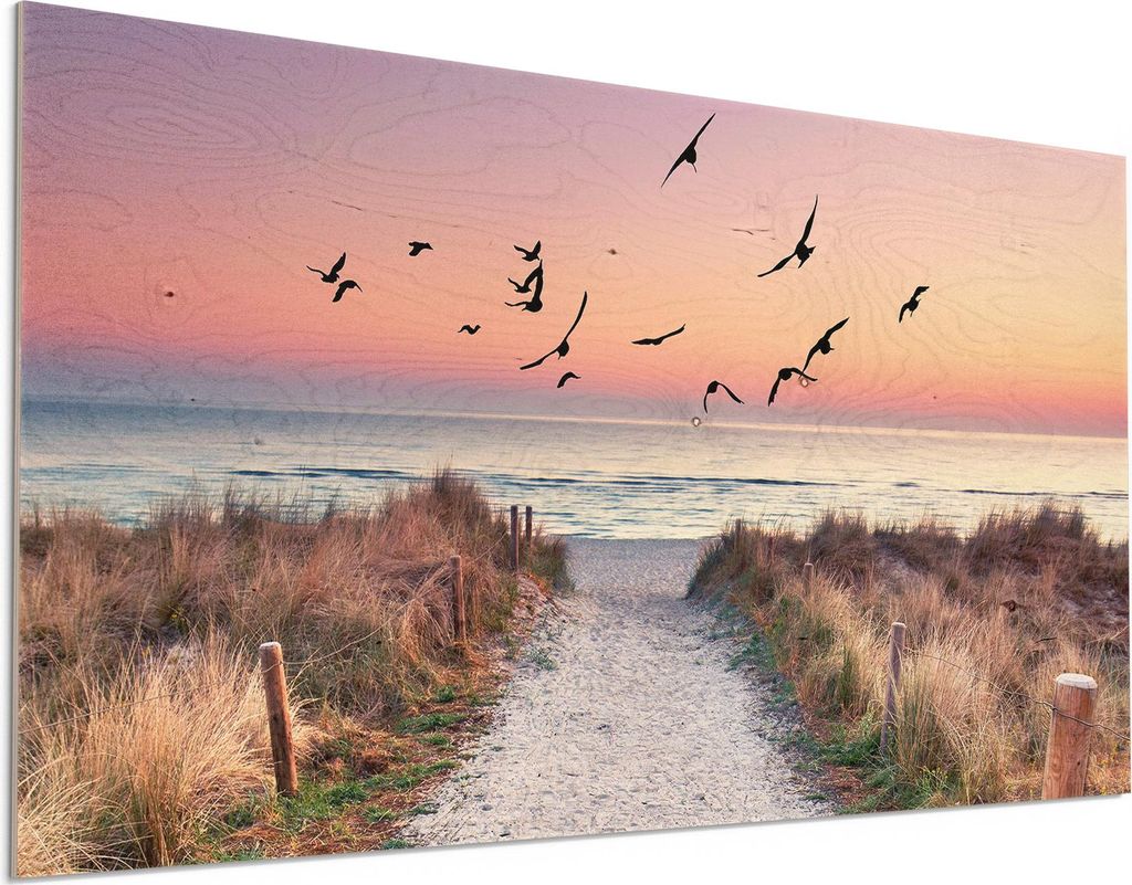 DEQORI Holzbild 100x50 cm 'Strandaufgang zur Ostsee' Bild auf Holz Wandbild Kunstdruck