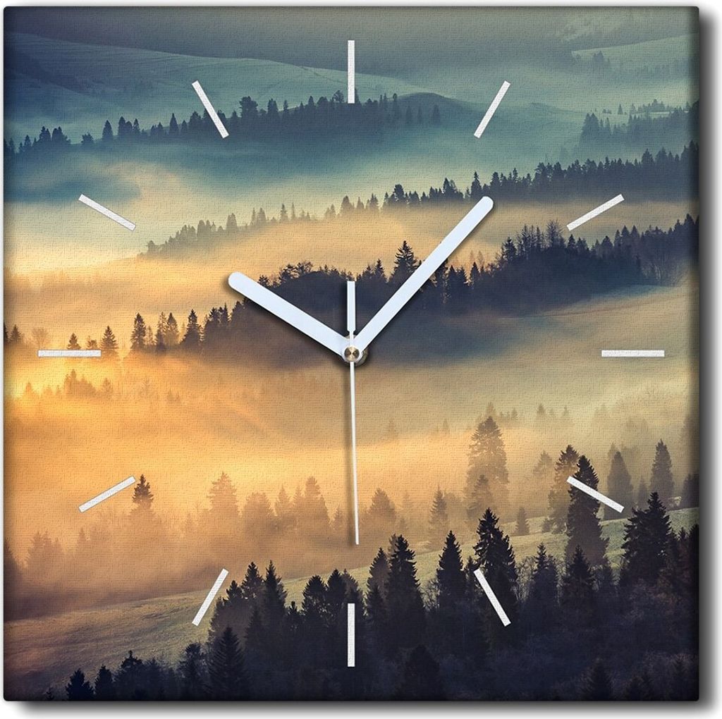 Coloray Uhr auf Leinwand 30x30 cm Wand Uhr Dekoration Wohnzimmer Segeltuch weiße Zeiger -Polen Mountains Wald Natur