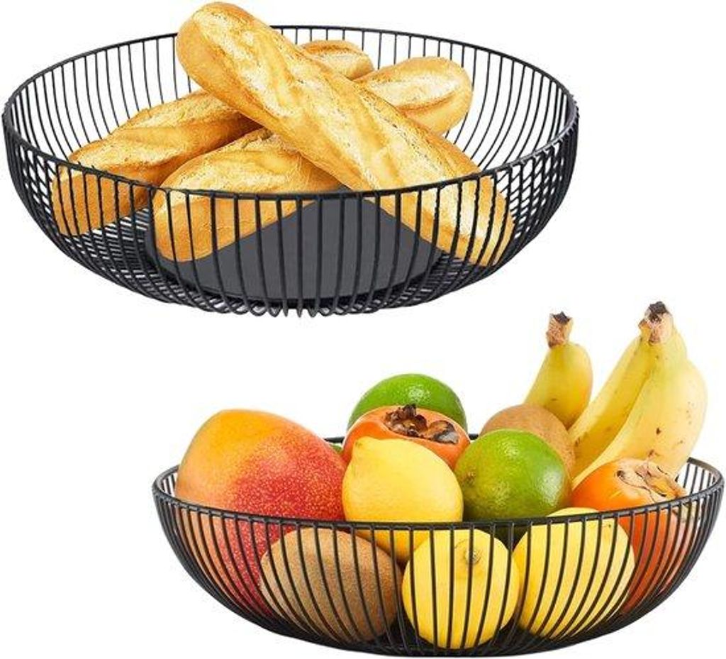 Famanu Obstschalen-Set 2 Stück, 27,5 x 9 cm – Offene Drahtfrüchtekörbe für Brot und Gemüse (schwarz)