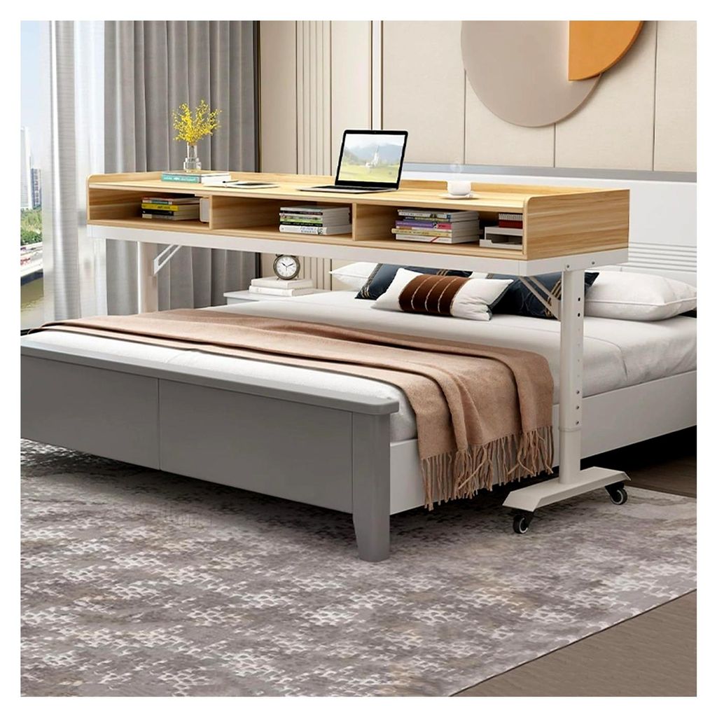 Höhenverstellbarer Schreibtisch mit Schublade – 360° drehbarer, mobiler Tisch für Zuhause und Krankenhaus, 150 cm, natürliches Finish