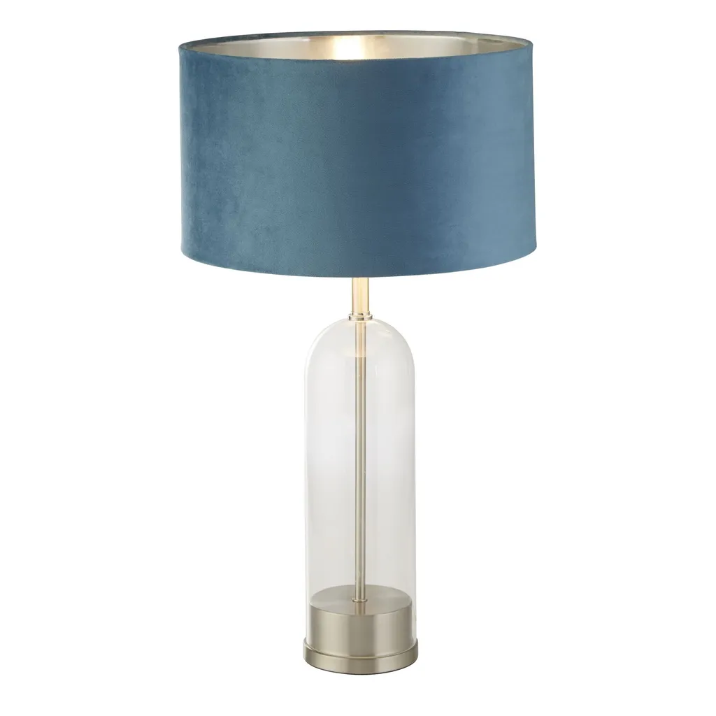 Lampe de table Oxford en verre nickel et velours sarcelle chic