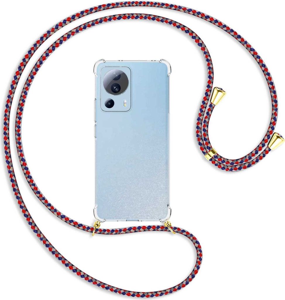 Handykette Backcover-Schutzhülle mit Band (Metall goldfarben) für Xiaomi Civi 2, Xiaomi 12 Lite NE - silber/blau/rot
