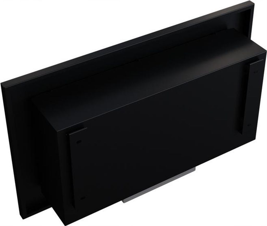 A black bioethanol fireplace viewed from a diagonal top-down angle, showcasing its rear mounting structure.