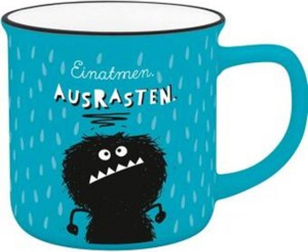 Becher in Emailloptik \Einatmen. Ausrasten!\""