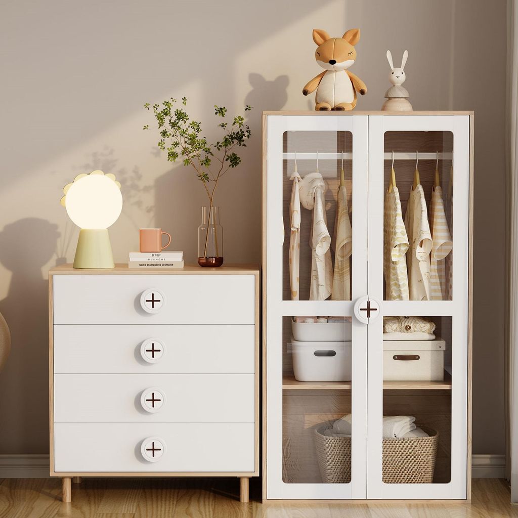 Merax Kinder-Kleiderschrank & Kommode Set, 2-teilig, 4 Schubladen Kommode, 2-Glas-Türen Kleiderschrank, Kinderzimmer-Aufbewahrung, Weiß+Natur