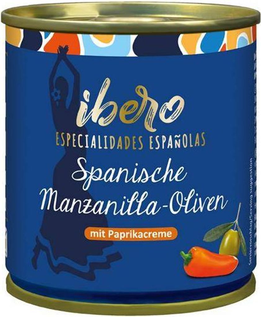 Ibero Grüne Manzanilla-Oliven mit Paprikacreme 85 G Dose Vegan Glutenfrei Fruchtig herber Geschmack