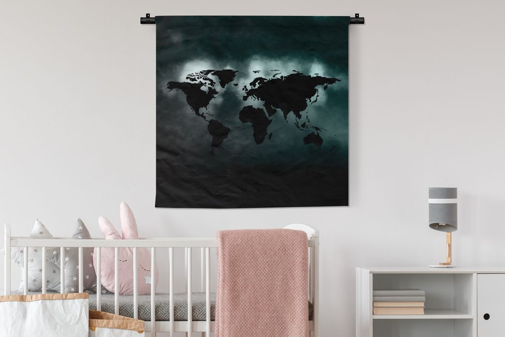 MuchoWow Wandteppich Wandbehang Weltkarte - Schwarz - Hell 90x90 cm Tapisserie Dekoration Wandtuch - Wandaufhänger