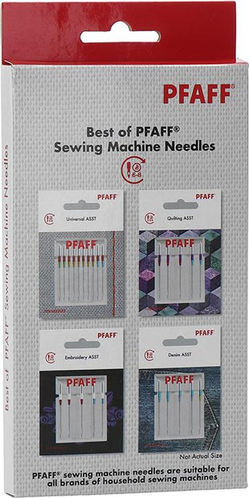 A box of Pfaff sewing machine needles, showing four different types of needle packs inside.