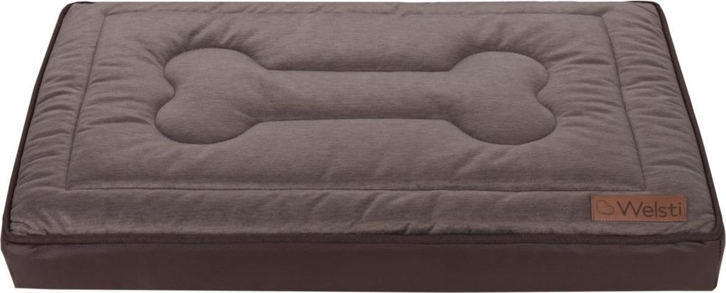 A brown orthopedic dog bed with a bone-shaped indentation on top, shown from a front-facing angle against a white background.