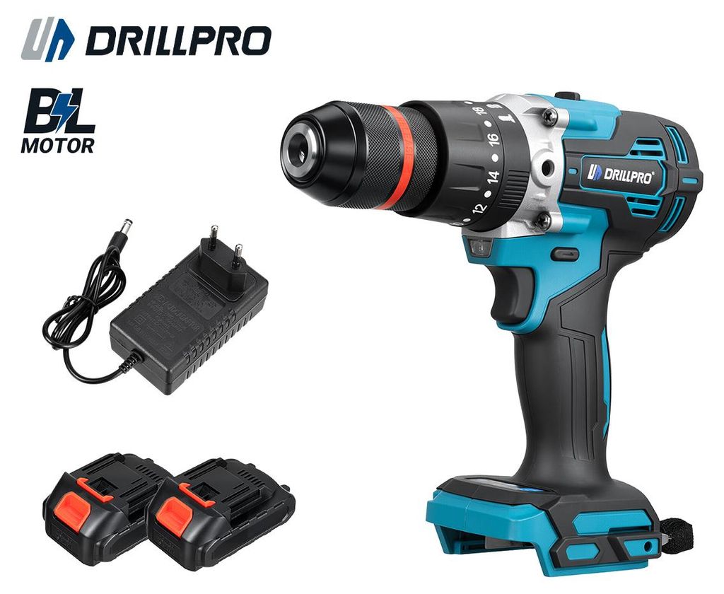 Drillpro Akku Schlagbohrmaschine Brushless 1500W 650Nm 2-Gang Profi Bohrschrauber Akku Werkzeug Set mit 2 Akkus