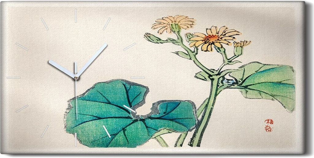 Dekor Leinwand Uhr Wandbilder 60x30 Malerei Asiatisch Blumen Blätter Kunst - weiße Hände