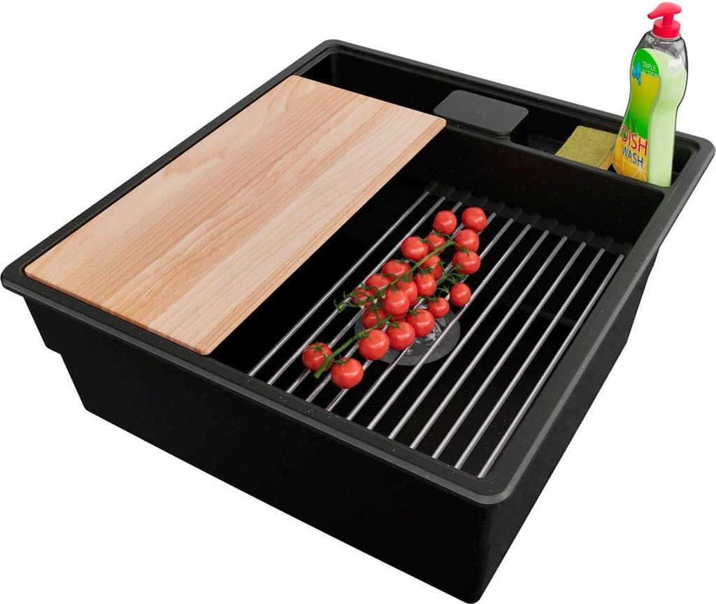 PRIMAGRAN Spülbecken Schwarz Metallic 48x53cm, Granitspüle 1 Becken + Ablauf-Set + Küchenzubehörset, Küchenspüle ab 50er Unterschrank - New York