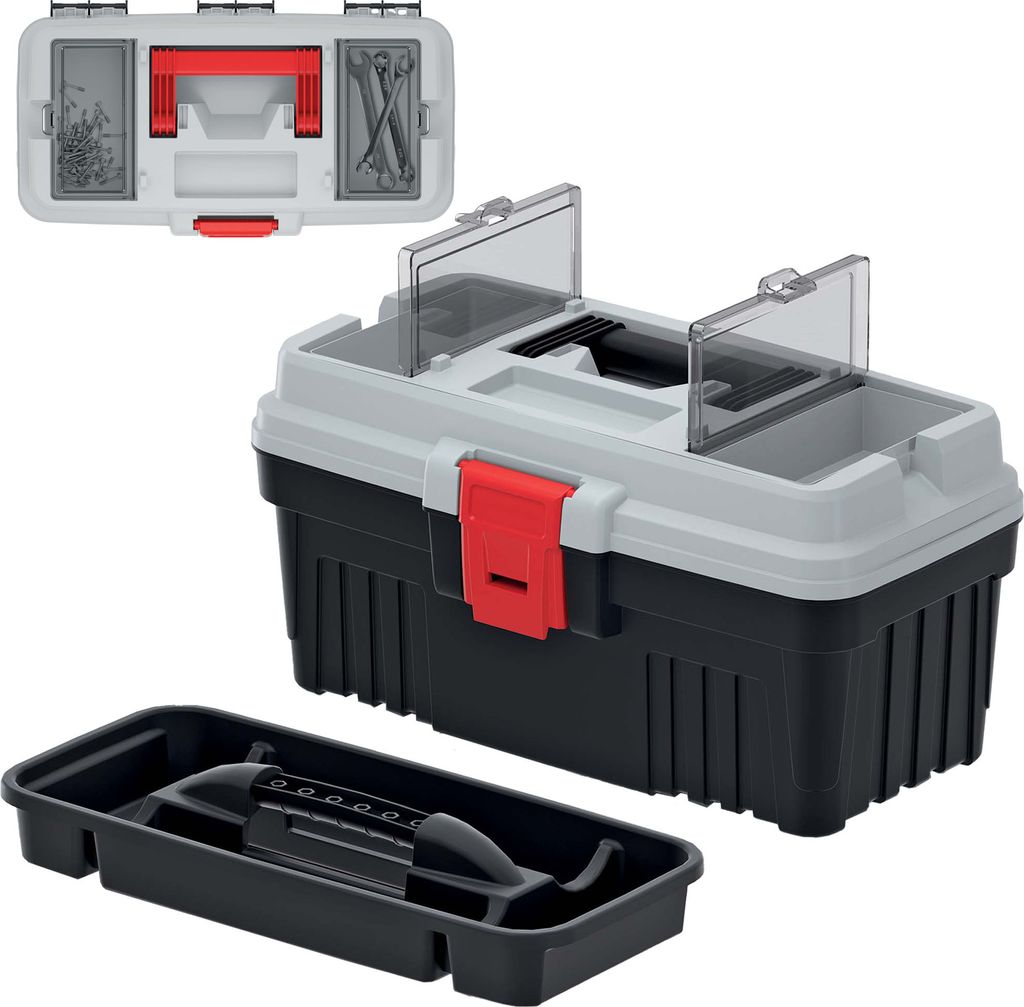 A product shot of a toolbox and its tray, with an inset of the toolbox lid.