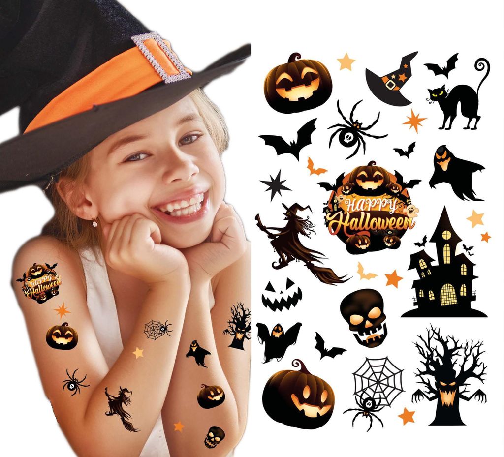 HALLOWEEN Temporäre Tattoos Spukhaus Kürbis Geist Hexe Produktbild 