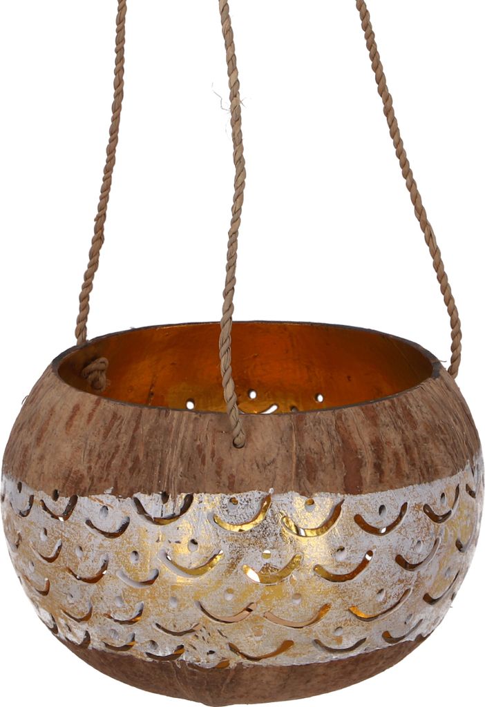 Kokosnuss Teelicht zum Hängen, Dekotopf - Modell 8 Weiß, Mehrfarbig, Kokosnuß, 10*13*13 cm, Teelichthalter & Kerzenhalter