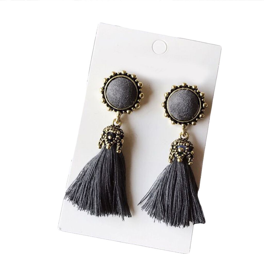 Vintage Damen Ohrstecker mit Quaste und Fransen, rund, Statement-Schmuck-Grau
